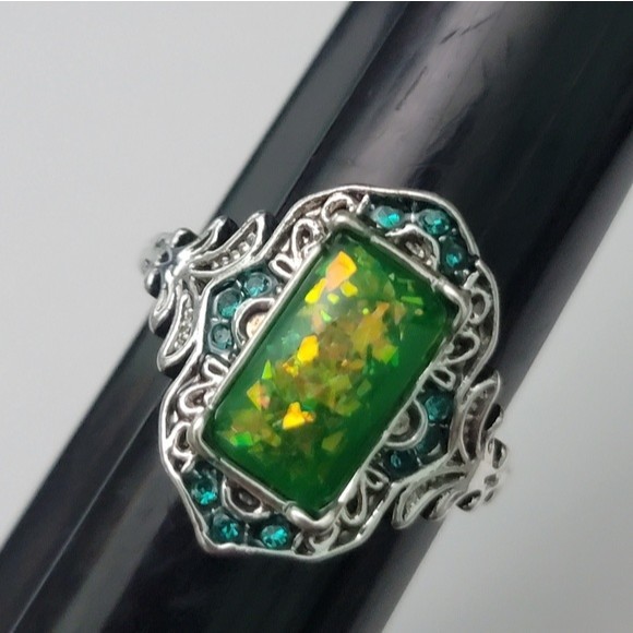 Green Fire Opal Cocktail Ring Sizes 7.5 9 art Deco Vintage Inspired - Picture 5 of 10